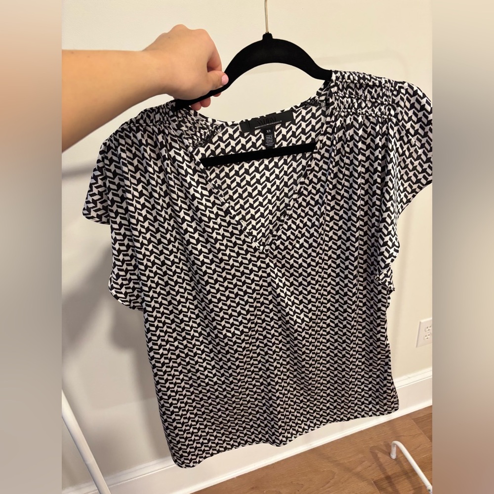 White House Black Market Black and White Satin V Neck Blouse
